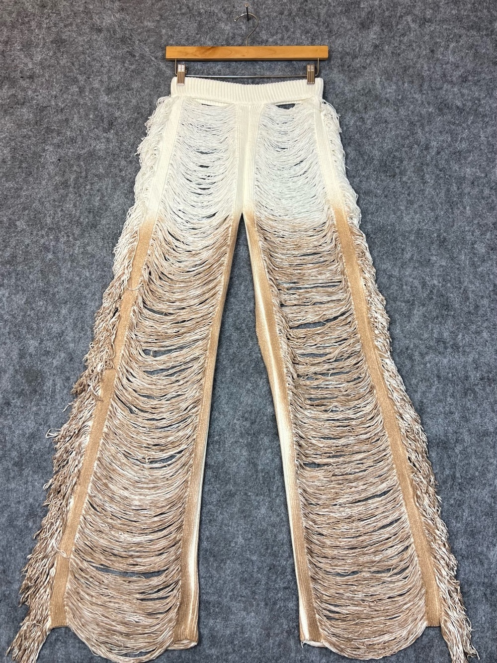 Fringed Pants Cream Tan Women Cover Up Sexy Tassel Crochet Ripped Size L